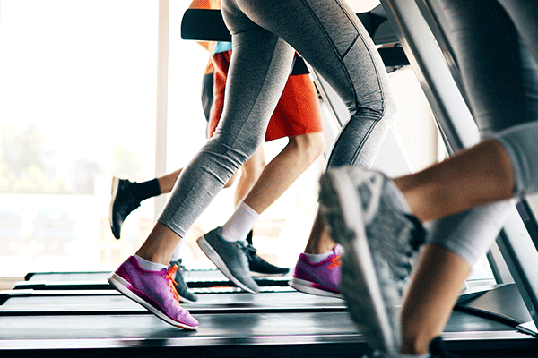 Four pairs of legs running on treadmills. The two pairs of legs closest to the camera wear grey leggings. The third pair, further back, wears red shorts. The fourth pair appears to be wearing black shorts but the person is barely visible from behind the other three. All wear grey or black athletic footwear except for the second person, who is wearing violet-colored running shoes.